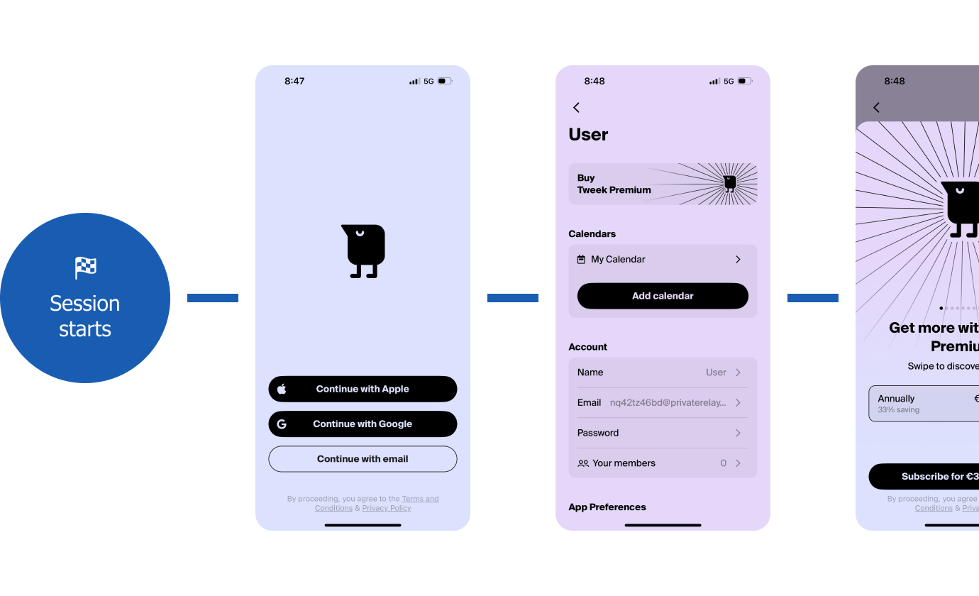 A mobile app user flow with screenshots and recordings of the app